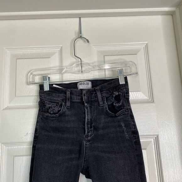 AGOLDE Sophie High Rise Skinny Crop Black Jeans Temple Distressed Hems Size 24 - Picture 4 of 10